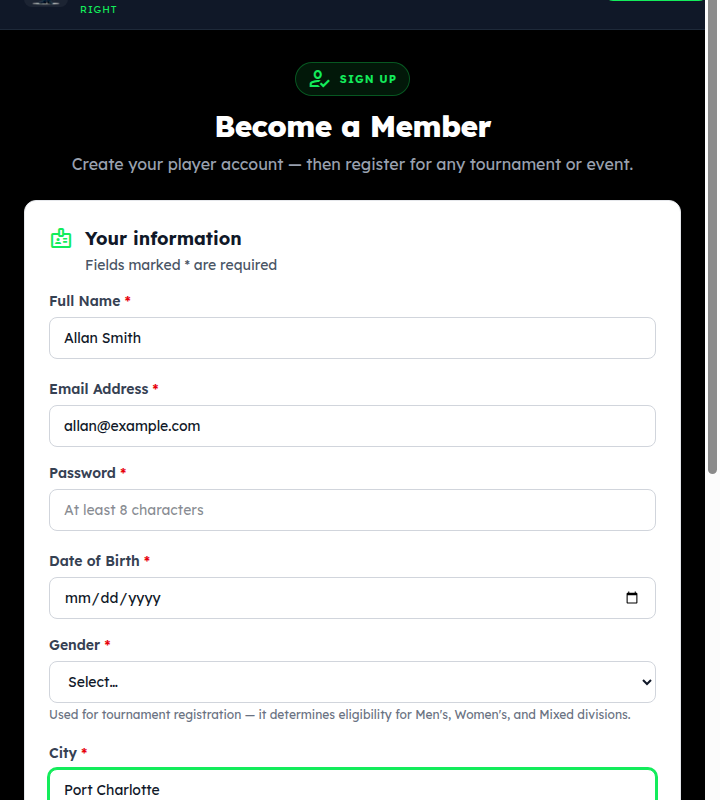 The Become a Member form: name, email, password, date of birth, gender, city, state, country