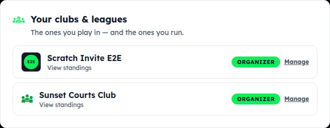 The Your clubs & leagues card listing two clubs with View standings and a Manage link