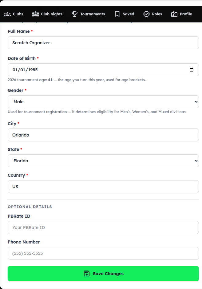The Your information card: name, date of birth with the computed tournament age, gender, city, state, country, PBRate ID, phone, Save Changes