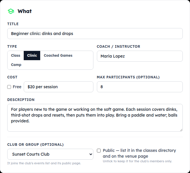 The What card: title, type buttons, coach, cost, max participants, description, club, and the public / members-only box