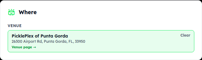 The Where card with the venue search box and + New venue