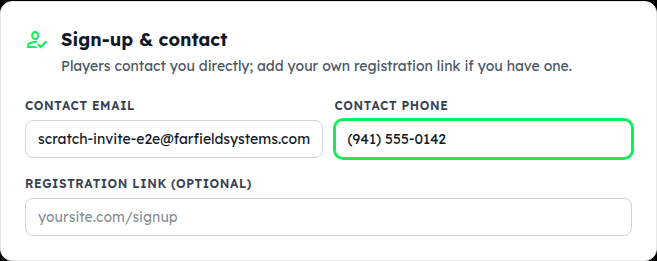The Sign-up & contact card: contact email, contact phone, registration link