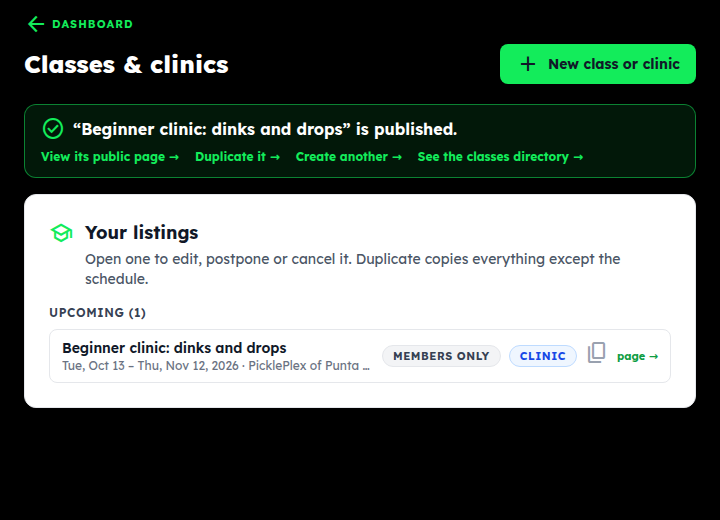 The hub after publishing: a green banner with View its public page, Duplicate it, Create another, See the classes directory
