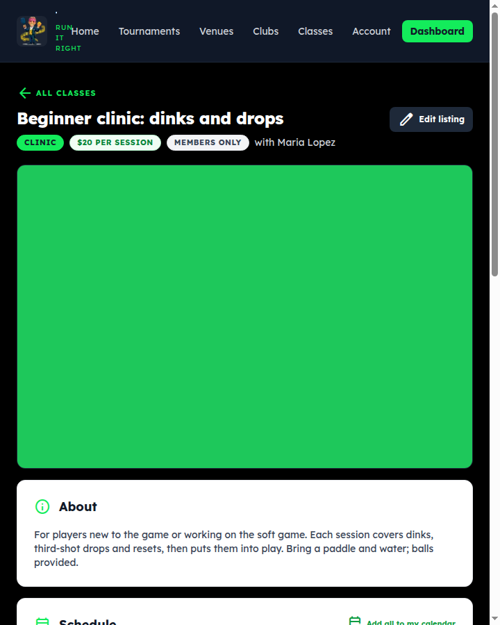 The public class page: title, type and cost badges, coach, description, and the schedule with an add-to-calendar button