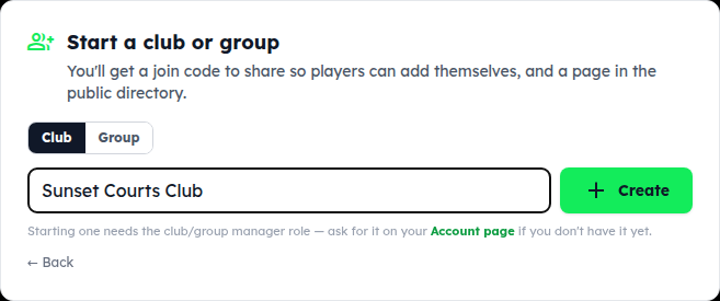 The Start a club or group card with Club / Group chosen and a name typed