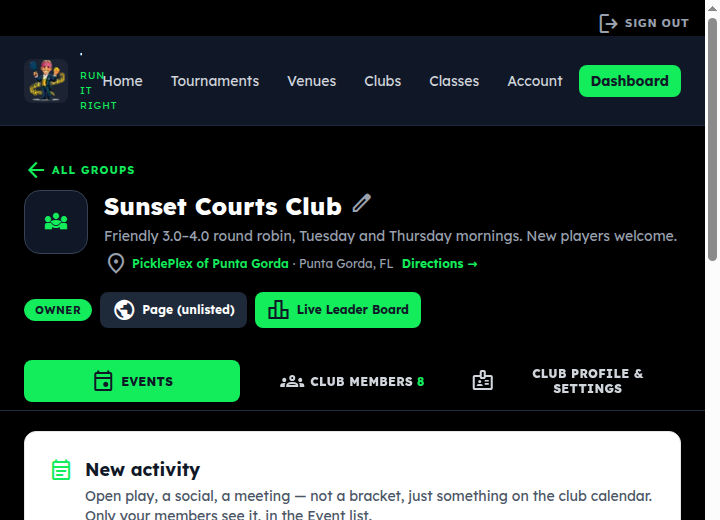 A new club page with the three tabs: Events, Club members, Profile & settings