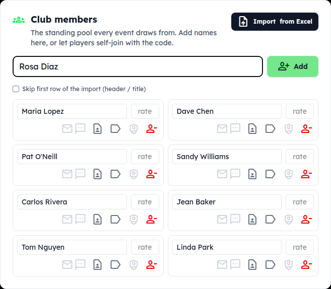 The Club members card with eight names added and one more being typed