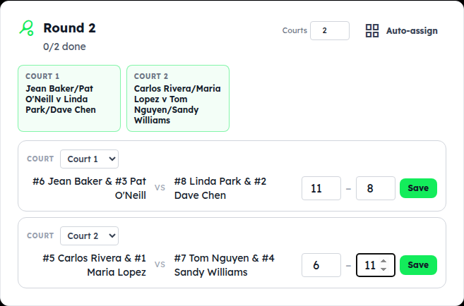 A round with two matches, scores typed in the boxes and a green Save button on each