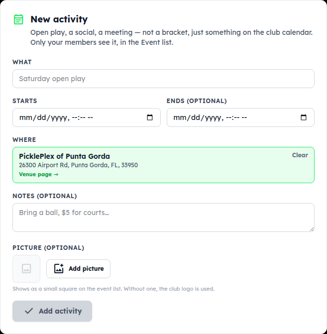 The New activity card: what, starts, ends, where, notes and an optional picture