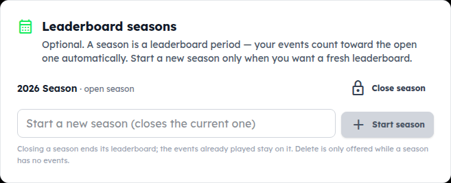 The Leaderboard seasons card showing the open season, Close season, and a box to start a new one