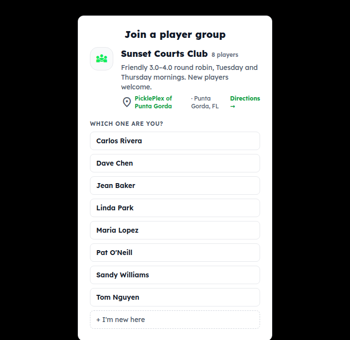 The join page for a club: its description, home venue, and “Which one are you?” with the member names