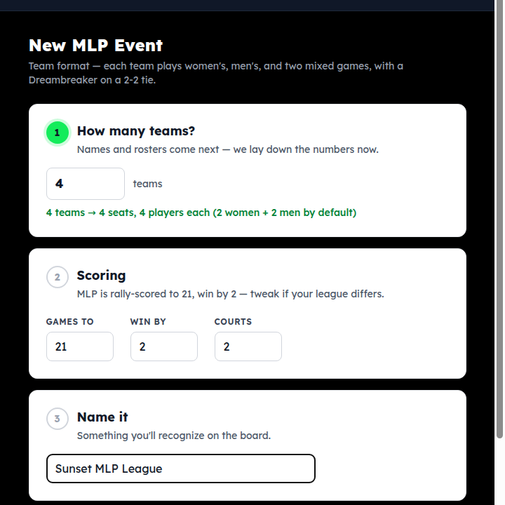 The New MLP Event page: how many teams, games to / win by / courts, name, the club it belongs to