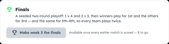 The Finals card: a seeded two-round playoff, Make week 3 the finals