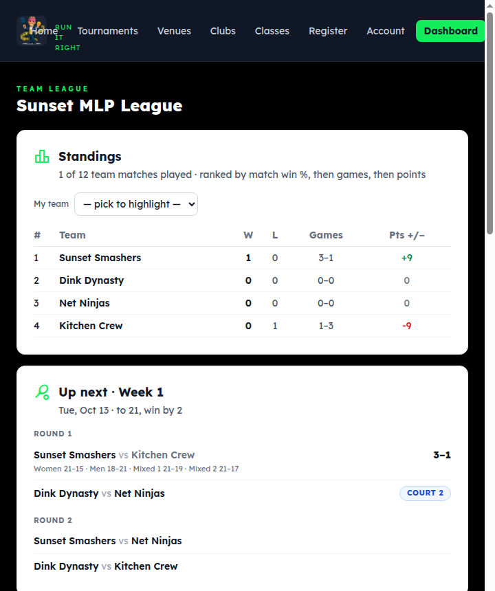 The public league page: standings with a my-team highlight, the up-next night, and each match's game scores