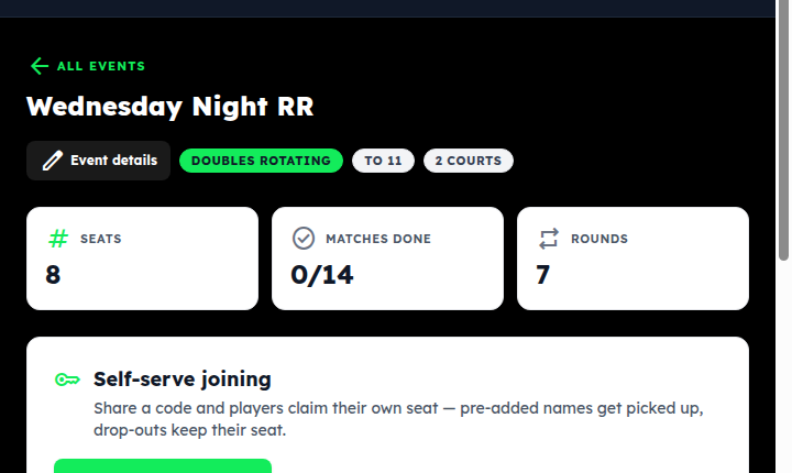 The top of a started round robin: format badges, seats, matches done, rounds