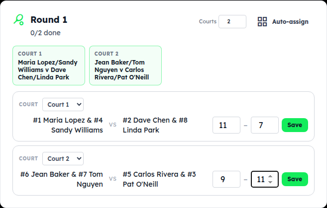 Round 1 with two matches, scores typed in and Save buttons