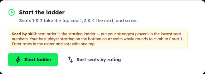 The Start the ladder card: seats 1 & 2 take the top court; Start ladder and Sort seats by rating