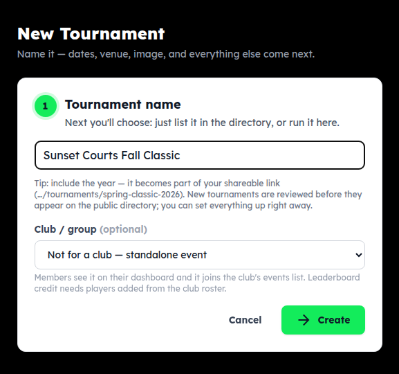 The New Tournament page: a name box and a Create button