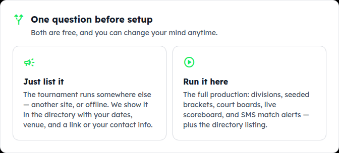 The “One question before setup” card: Just list it, or Run it here