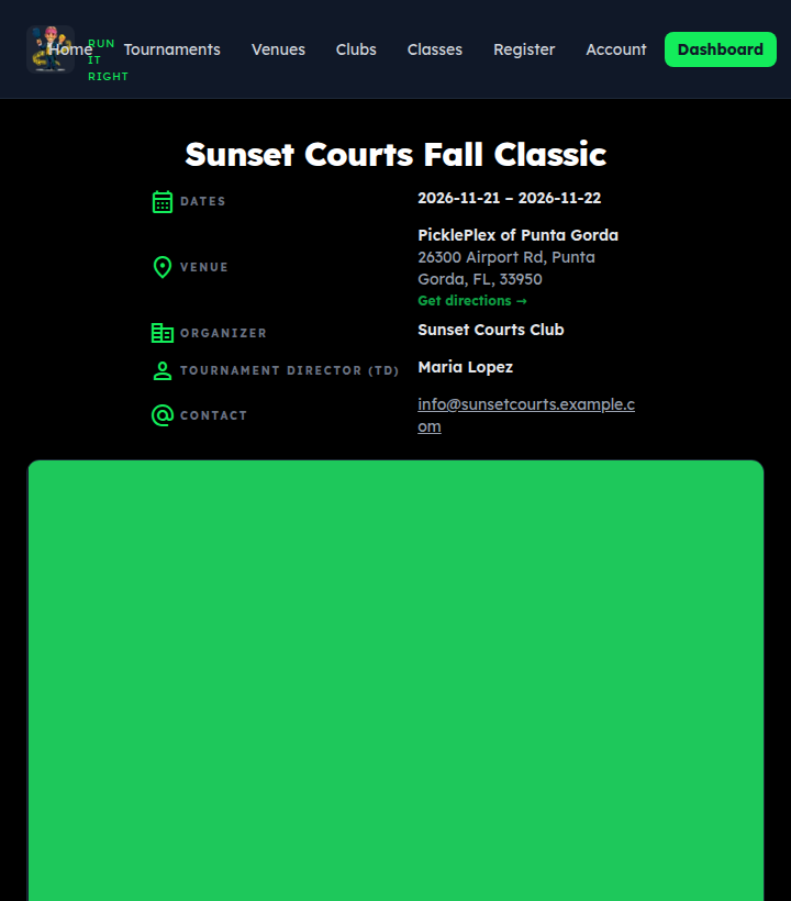 The public tournament page: dates, venue with directions, organizer, TD, contact, description, event information