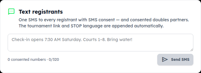 The Text registrants card: one SMS to every registrant who gave consent