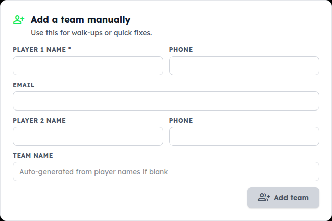 The Add a team manually card: player 1, phone, email, player 2, team name