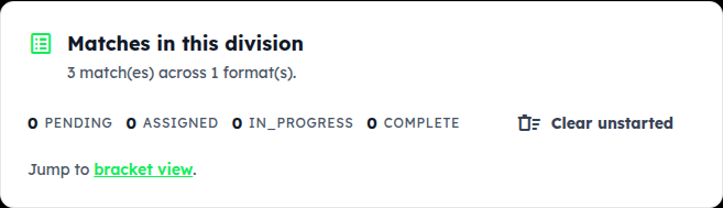 The Matches in this division card: 3 matches, with Clear unstarted and Jump to bracket view