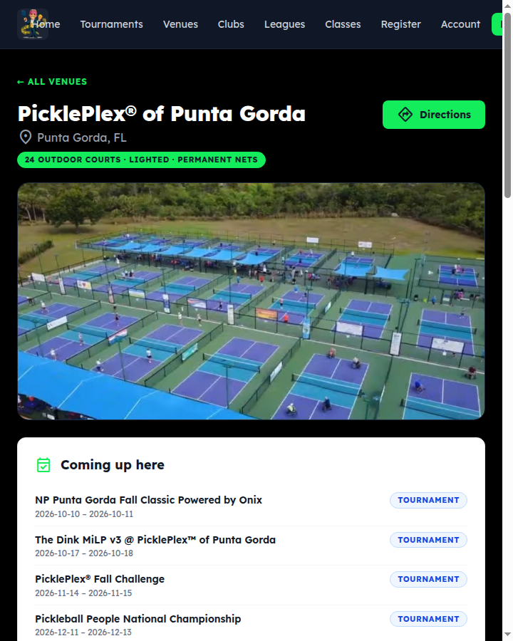 A venue page: name, city, Directions and Edit venue buttons, About, Courts, Find it with phone and website