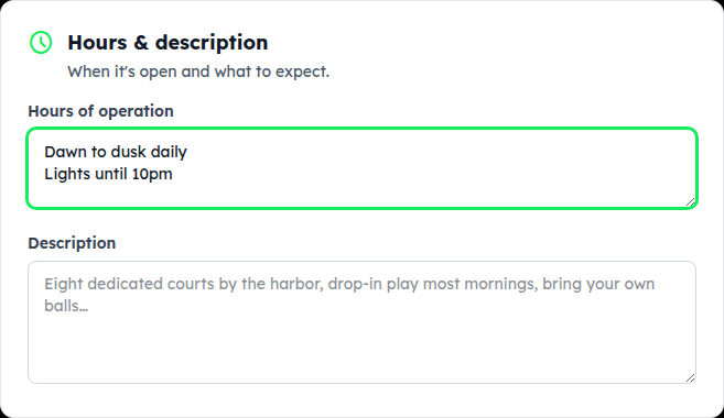 The Hours & description card with hours of operation and a description box
