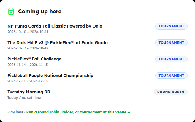 The Coming up here card listing tournaments and a club night at the venue